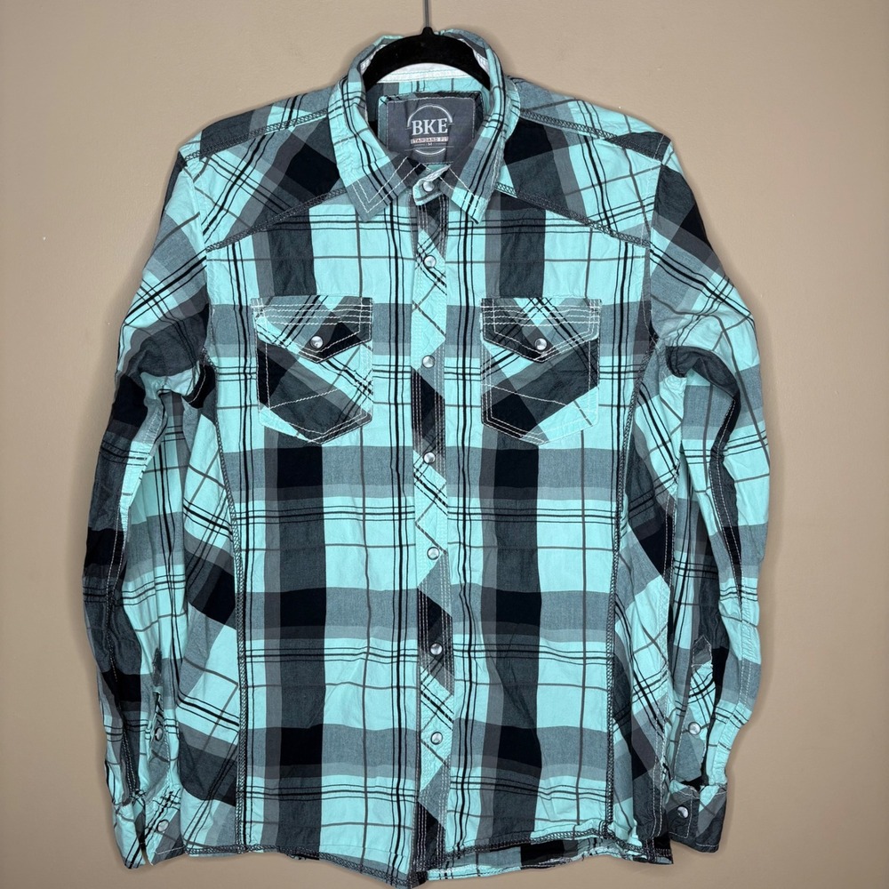BKE Mens Standard Fit Plaid Western Pearl Snap Shirt Size M Cowboy Workwear
